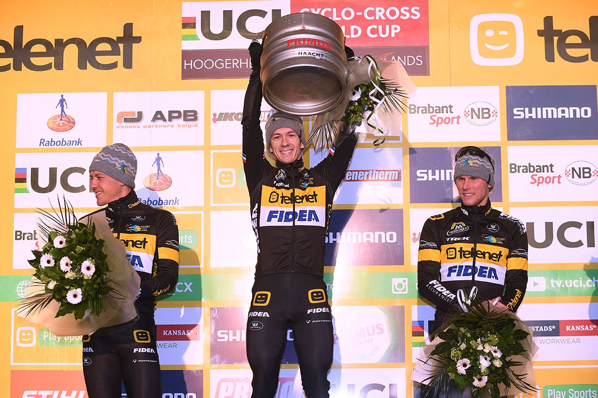 Lars van der Haar celebrates his first World Cup victory with Telenet Fidea