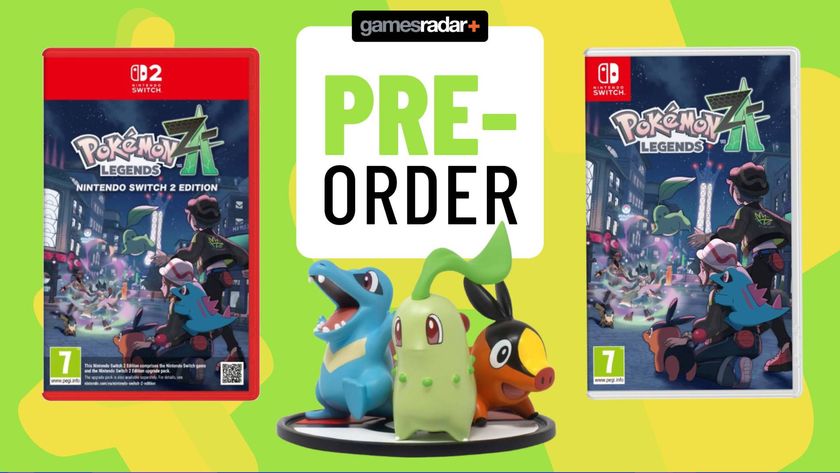 Image of the box art for the Switch and Switch 2 versions of Pokemon Legends Z-A sitting on either side of a GamesRadar+ pre-order sign, on a green background.