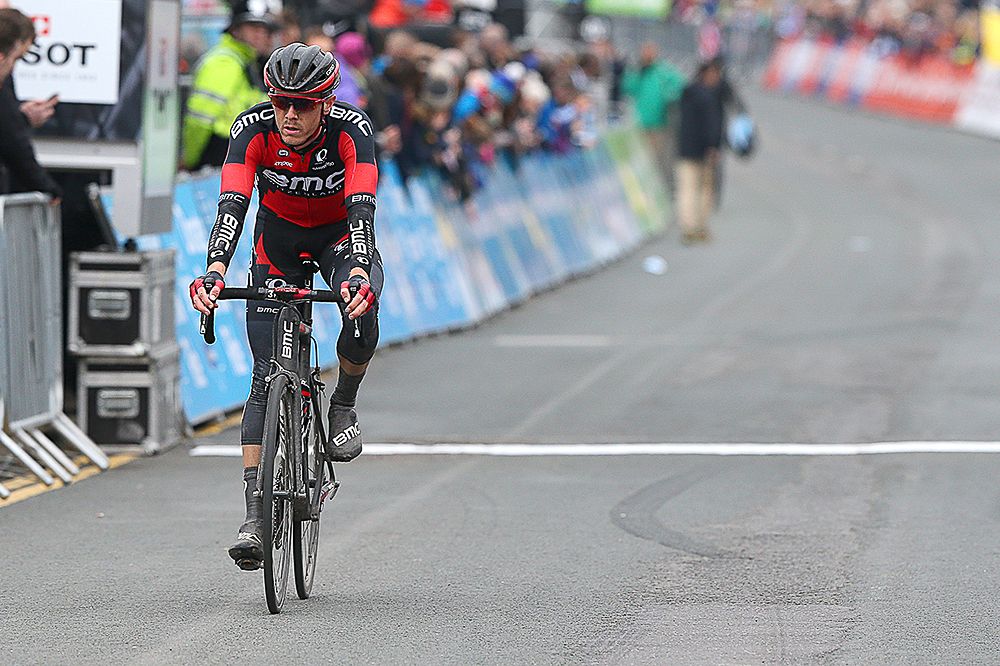 Rohan Dennis crosses the line during the final stage in Yorkshire.
