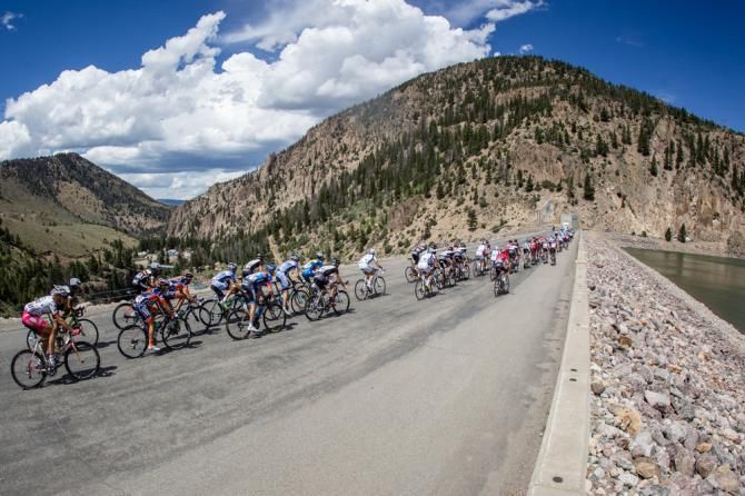 Riders pass over the dam at Green Mountain Reservoir.