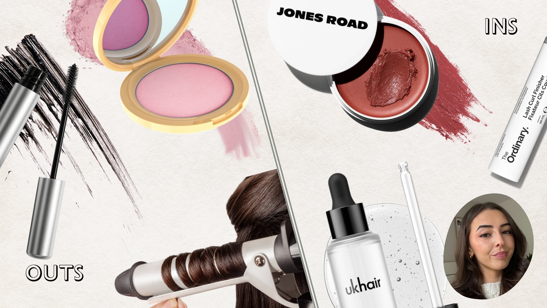 Sennen's ins and outs for spring. On the left, Sennen's outs include mascara, powder blush and excessive heated hair styling. On the right, Sennen's ins include cream blush, hair serum and lash lift.