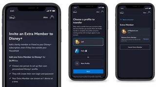 Three phone screens showing the Disney Plus extra members fee