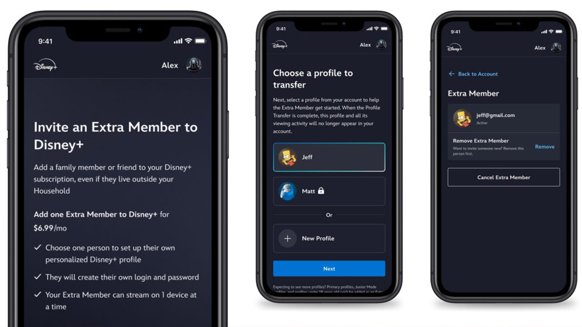 Three phone screens showing the Disney Plus extra members fee