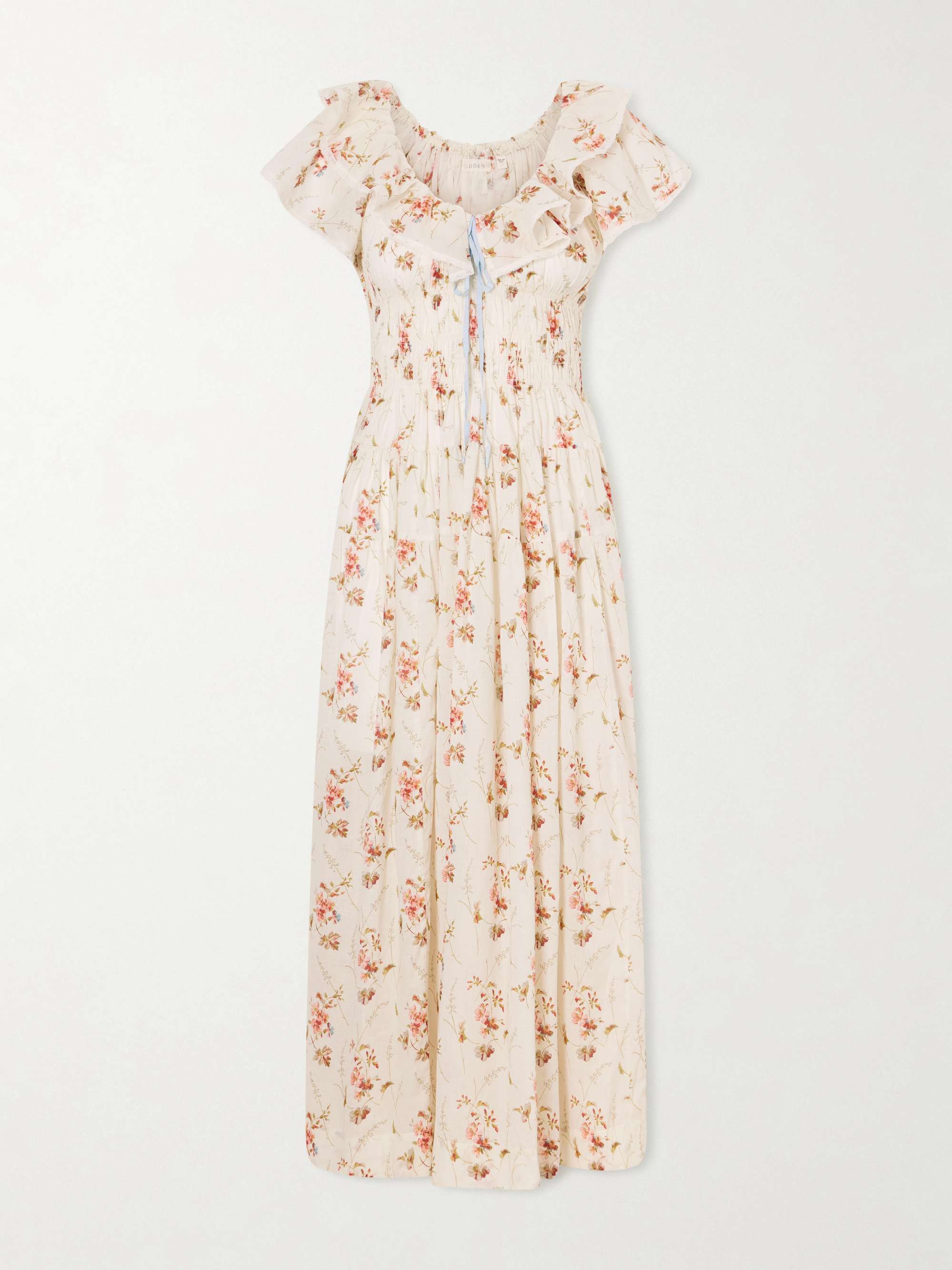Illiana Lace-Trimmed Shirred Floral-Print Organic Cotton Dress