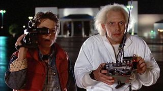 Marty Mcfly and Doc conducting an experiment to see if a car can time travel in the movie 