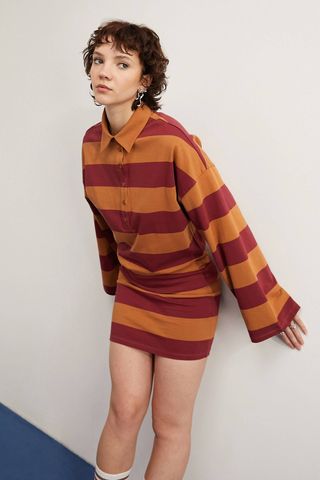 stripe rugby shirt mini dress in mustard & burgundy
