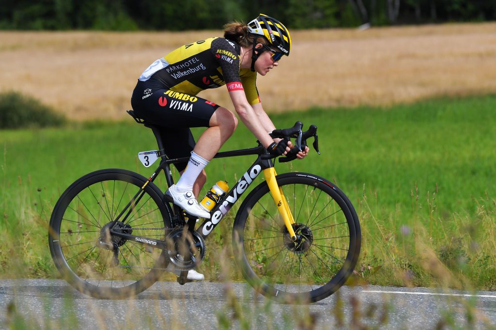HALDEN NORWAY AUGUST 15 Julie Van De Velde of Belgium and Jumbo Visma Women Team during the 7th Ladies Tour Of Norway 2021 Stage 4 a 1416km stage from Drbak to Halden LTourOfNorway LTON21 UCIWWT on August 15 2021 in Halden Norway Photo by Luc ClaessenGetty Images