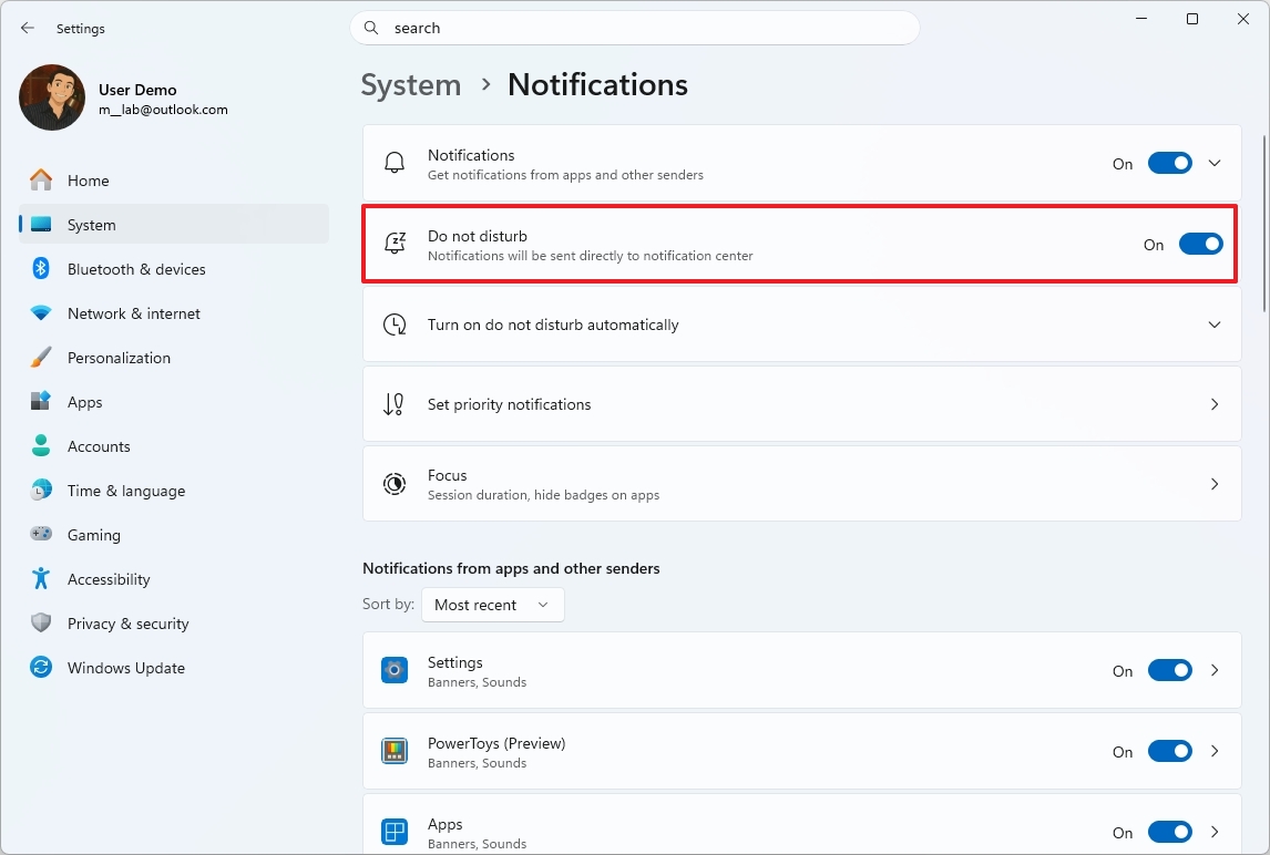 Windows 11 Do Not Disturb option