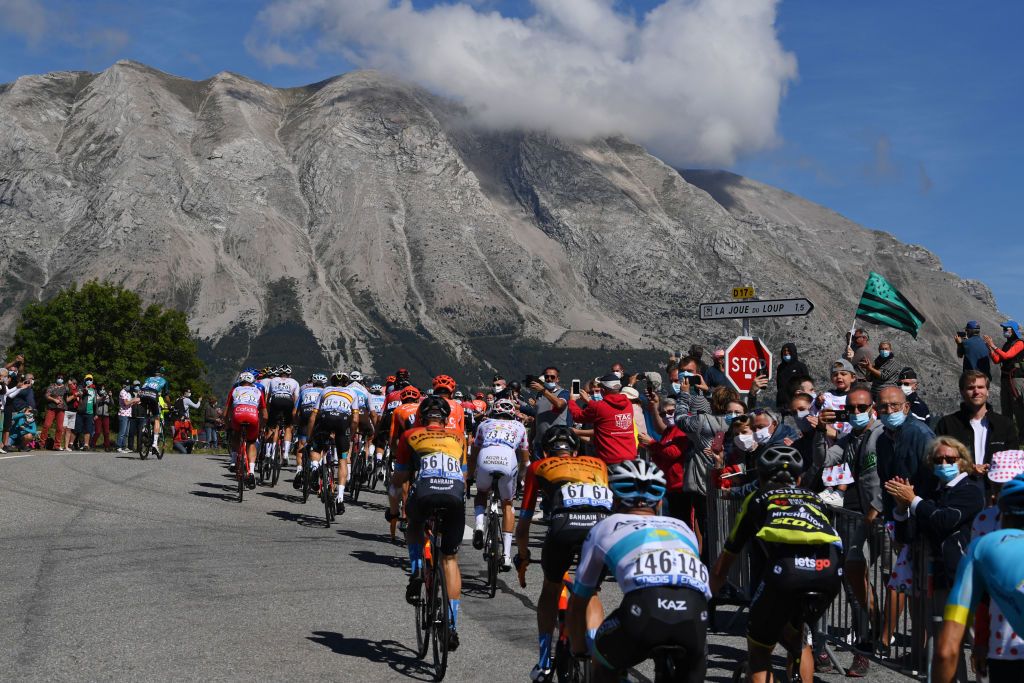 ORCIERES FRANCE SEPTEMBER 01 Peloton Col du Festre 1441m Mountains Public Fans Landscape during the 107th Tour de France 2020 Stage 4 a 1605km stage from Sisteron to OrcieresMerlette 1825m TDF2020 LeTour on September 01 2020 in Orcieres France Photo by Tim de WaeleGetty Images