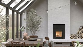 contemporary log burning stove in glazed living room