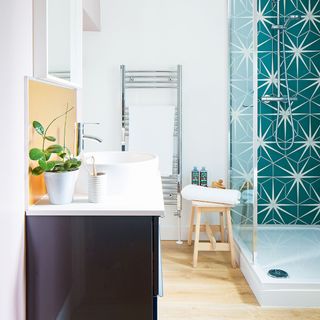 small bathroom with blue tiled shower
