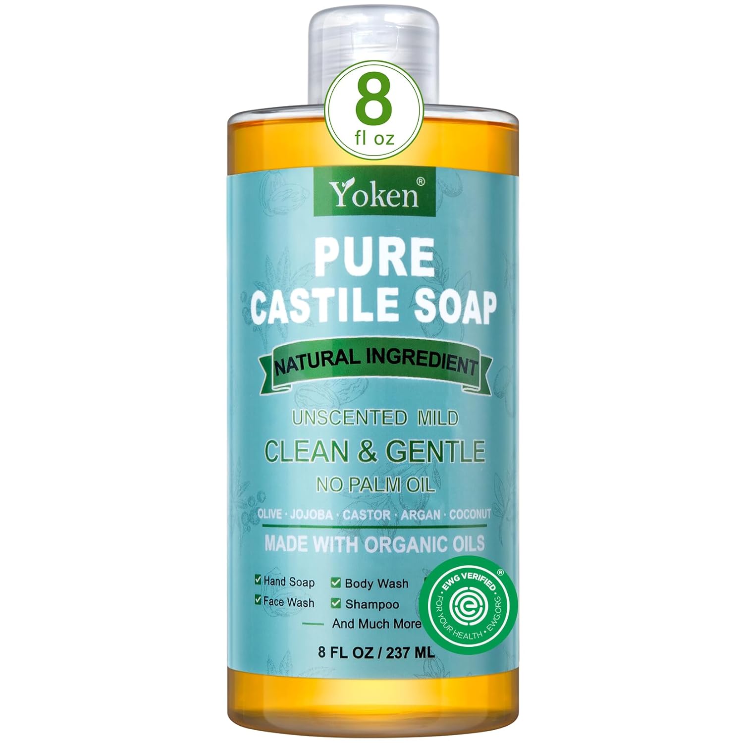 Yoken Pure Castile Liquid Soap Organic (ewg Verified, Unscented, 8 Oz), Made With Organic Oils, No Added Fragrance, Vegan, Castile Soap Liquid for Face, Laundry, Dishes, Sensitive Skin, Travel Soaps