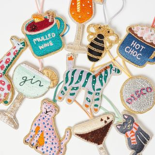 Fun beaded christmas tree ornaments, cocktail glasses, animals