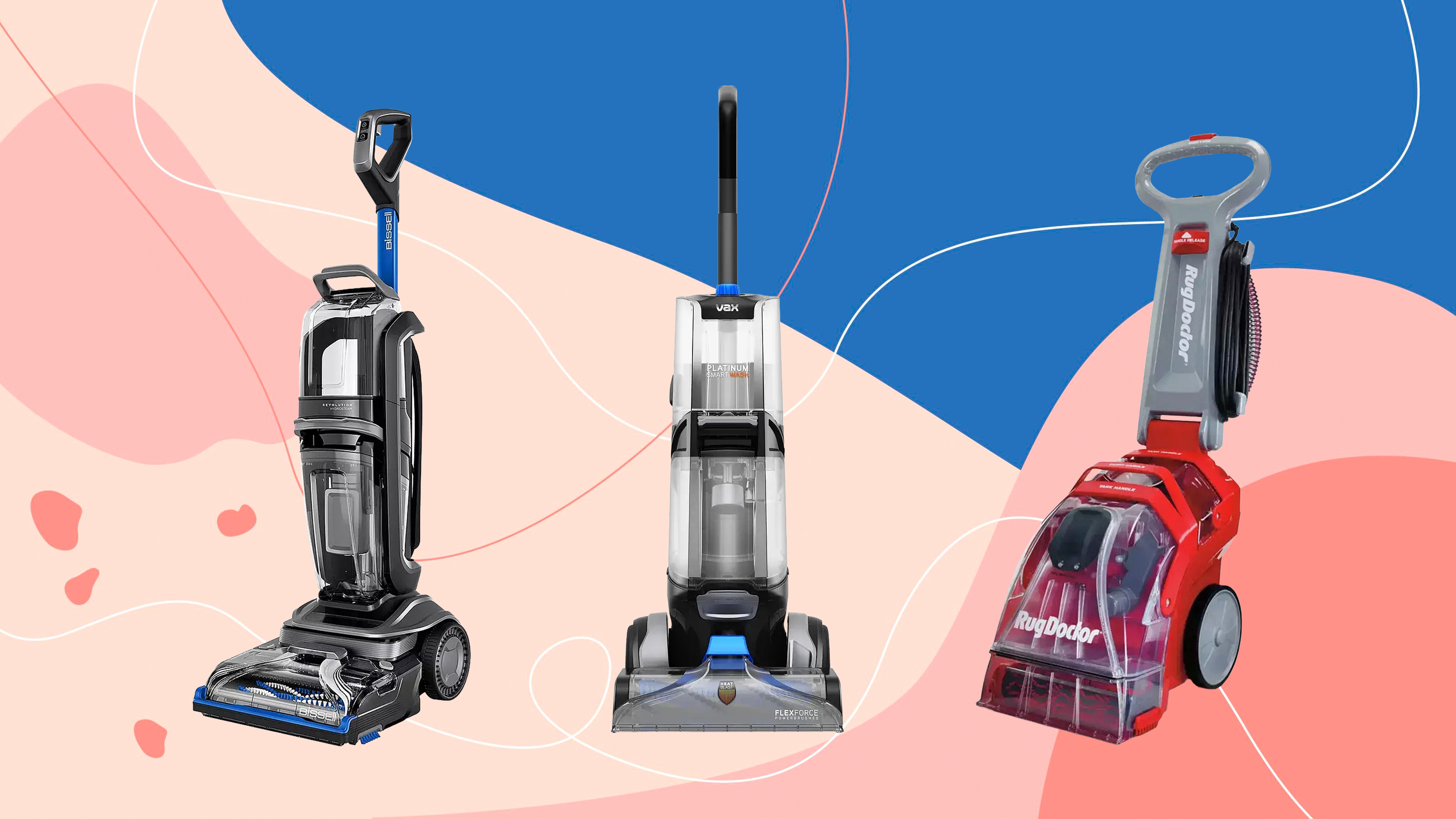 bissell, Vax and Rug Doctor carpet cleaners on a pink and blue background 