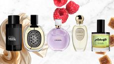 A collage of perfumes features notes or themes in common with the predicted 2026 fragrance trends: (L to R) Commodity's Milk, Diptyque's Orpheon, Chanel's Chance Eau Splendide, Jouissance La Bague d’O Eau de Parfum and D.S. & Durga Pistachio perfumes/ on a white and grey marbled template with stock images of silk, brown sugar cubes and raspberries.