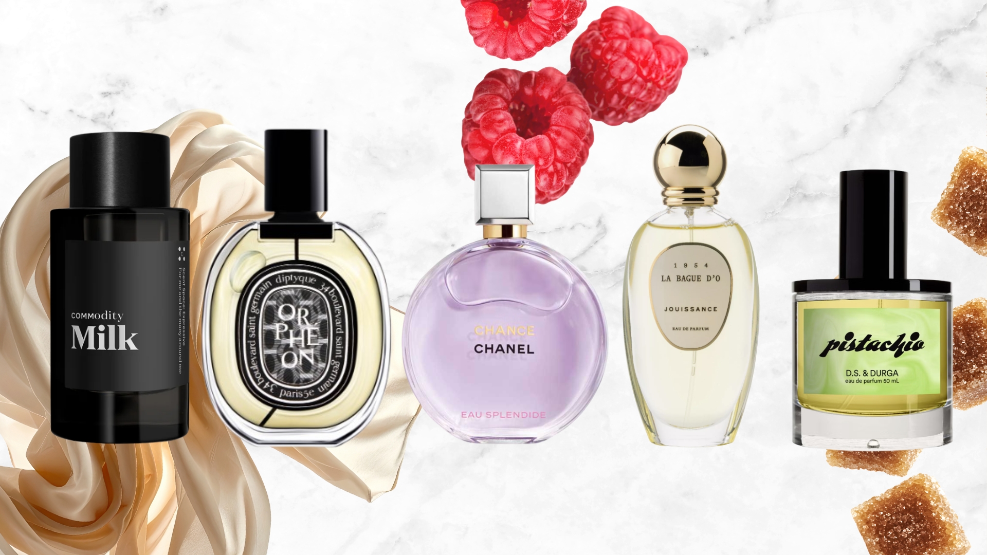A collage of perfumes features notes or themes in common with the predicted 2026 fragrance trends: (L to R) Commodity's Milk, Diptyque's Orpheon, Chanel's Chance Eau Splendide, Jouissance La Bague d&rsquo;O Eau de Parfum and D.S. &amp; Durga Pistachio perfumes/ on a white and grey marbled template with stock images of silk, brown sugar cubes and raspberries.