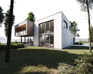 contemporary white rendered house with grey uPVC windows
