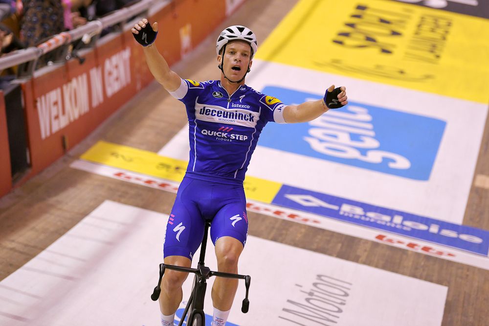 Iljo Keisse celebrates the final Madison sprint and overall victory at Gent Six