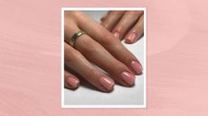 A close-up of hands with subtle pink French tip names (or Strawberries and cream nails) by nail artist, Fliss Alton/@gelsbyfliss. Featured in a pink watercolour paint-style template