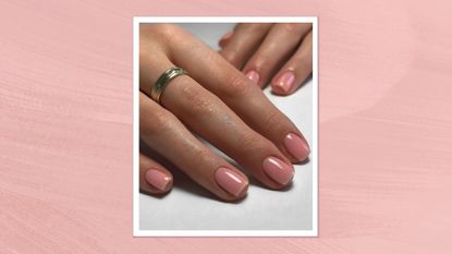 A close-up of hands with subtle pink French tip names (or Strawberries and cream nails) by nail artist, Fliss Alton/@gelsbyfliss. Featured in a pink watercolour paint-style template