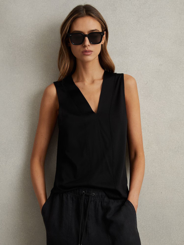 Reiss, V-Neck Shell Top in Black