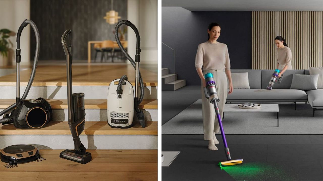 Miele vs Dyson vacuum cleaners: side by side images of Miele&#039;s vacuum range and woman vacuuming using different configurations of Dyson Gen5detect vacuum