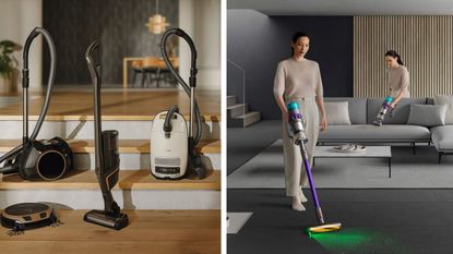 Miele vs Dyson vacuum cleaners: side by side images of Miele's vacuum range and woman vacuuming using different configurations of Dyson Gen5detect vacuum
