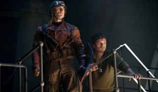 Captain America: The First Avenger Chris Evans and Sebastian Stan on a metal catwalk