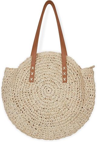 Woodland Leathers Women's Straw Shoulder Bag, Medium & Large Summer Beach Tote With Zipper, Durable Leather Handles, Women Holiday Shoulder Bag With Versatile Styles and Colours (tan)