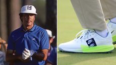 Seve Ballesteros wearing a blue polo and white Nike visor at the 1986 Masters and a close up of a Nike shoe showing a double Nike logo