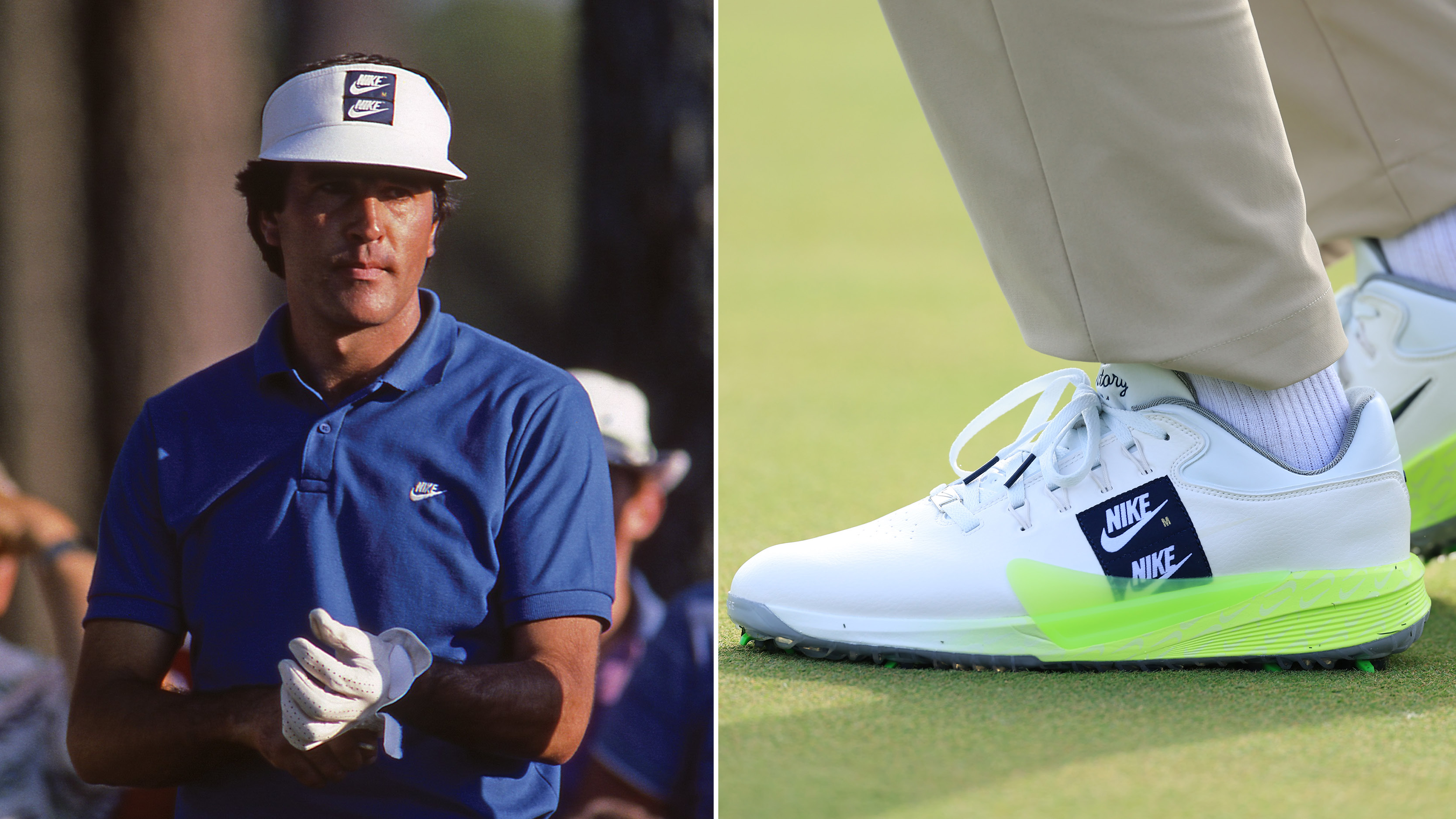 Seve Ballesteros wearing a blue polo and white Nike visor at the 1986 Masters and a close up of a Nike shoe showing a double Nike logo