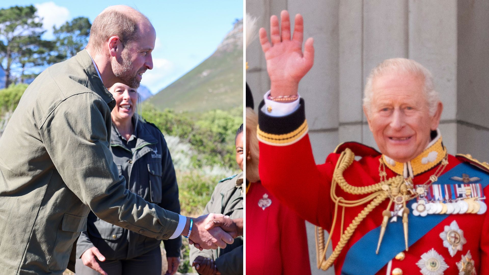 A composite of a picture of Prince William wearing a friendship bracelet in 2024 and King Charles wearing several of them in 2026