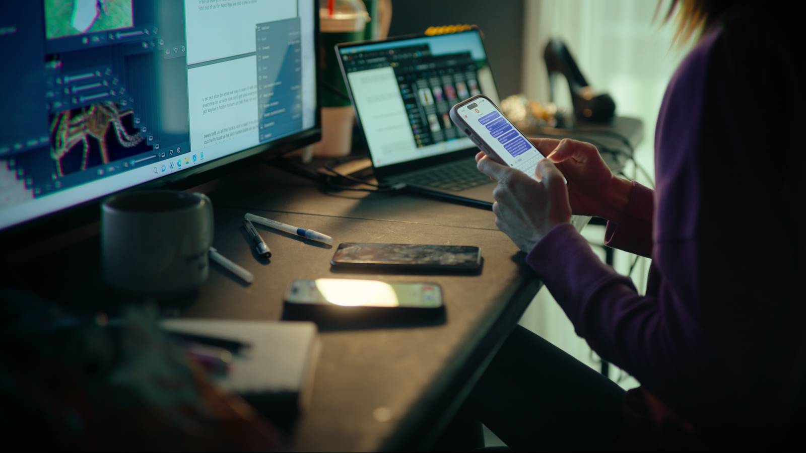 Some smartphones on a desk from Netflix movie Unknown Number: The High School Catfish.