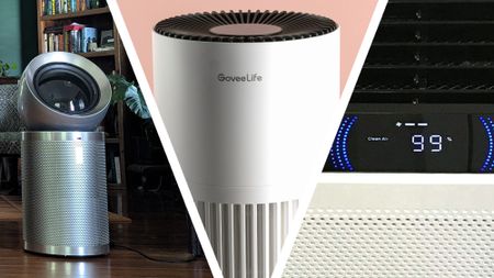 Split image of three air purifiers recommended for people with allergies