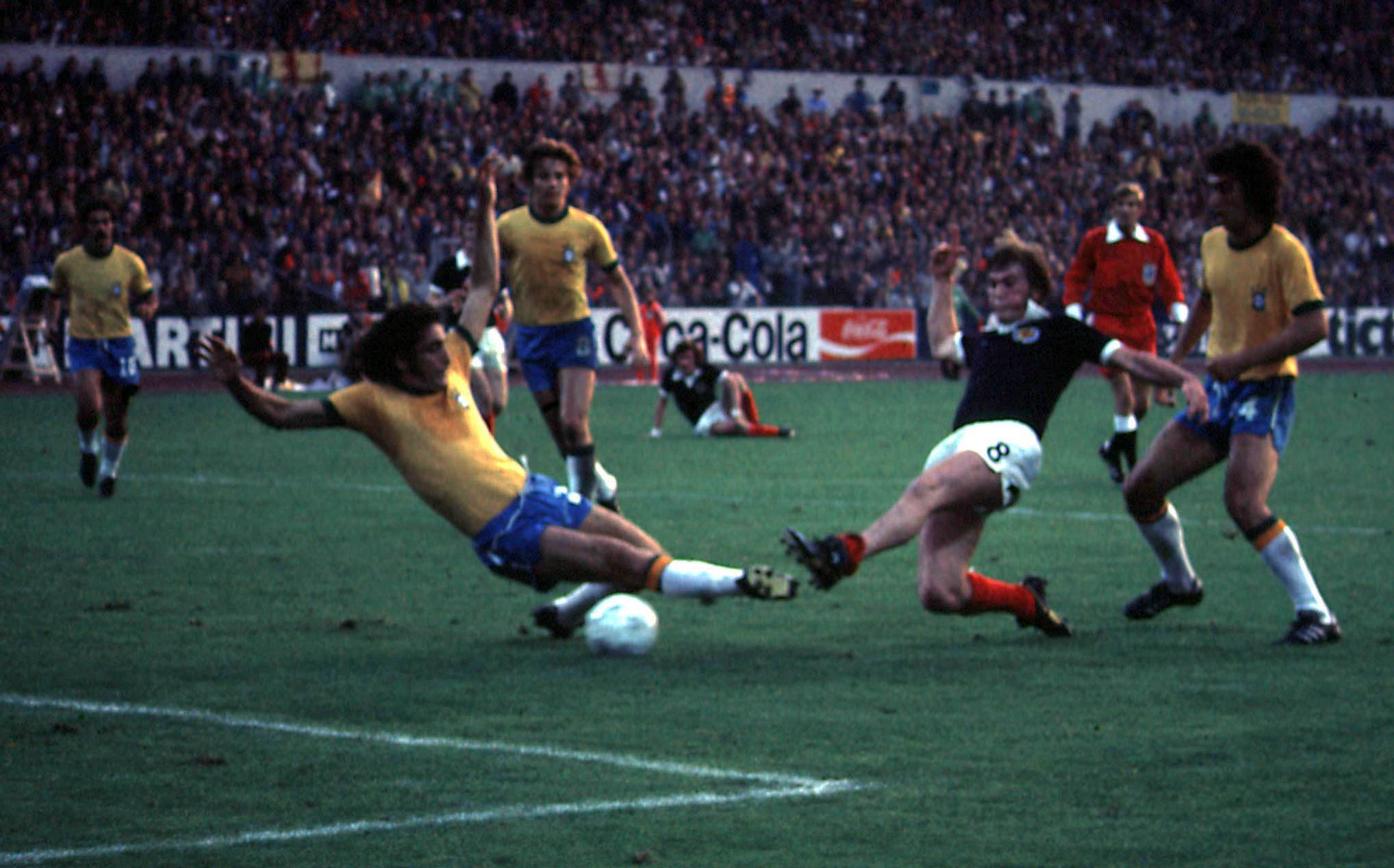 Scotland's Kenny Dalglish takes a shot in a game against Brazil at the 1974 World Cup.