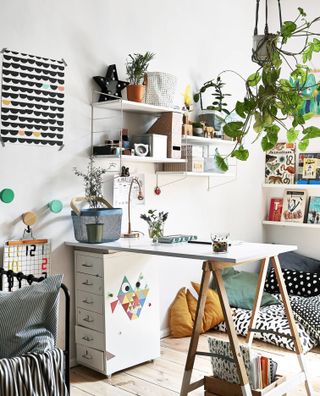 Ikea kid's bedroom with desk and hanging plants