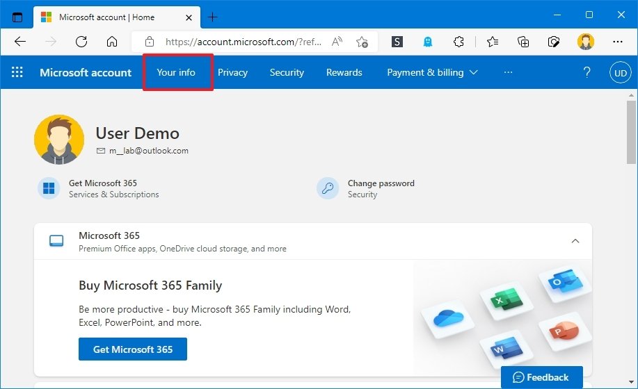 Microsoft account Your Info tab