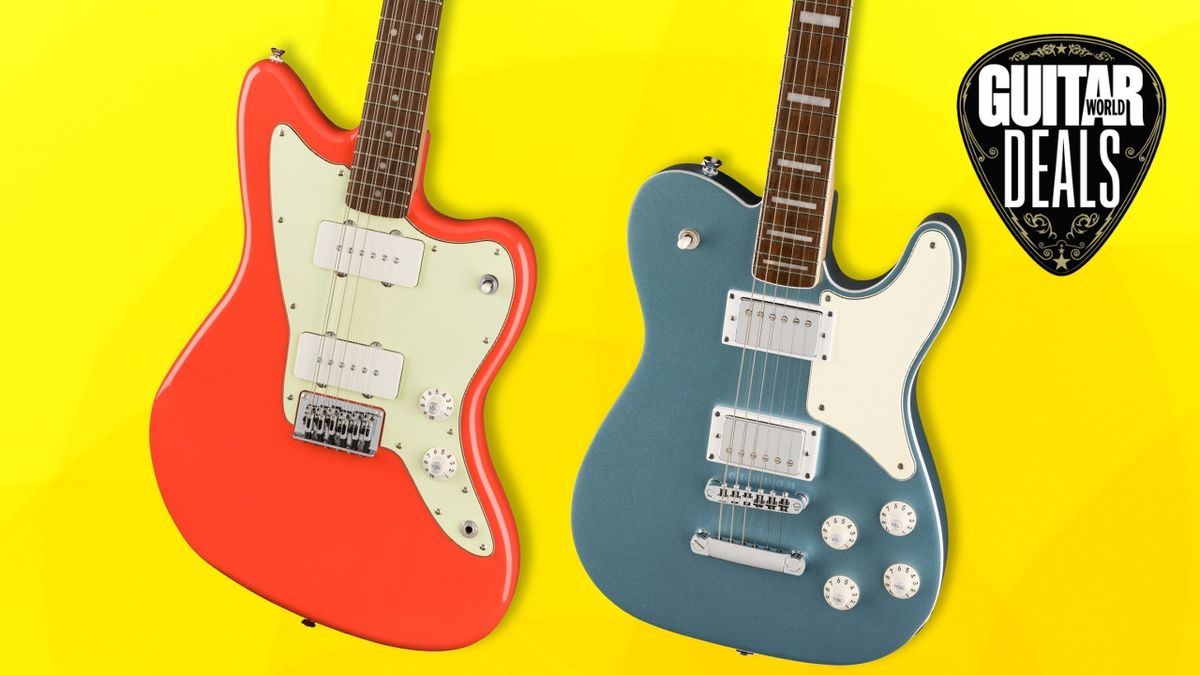 A pair of limited edition Squier guitars on a yellow background