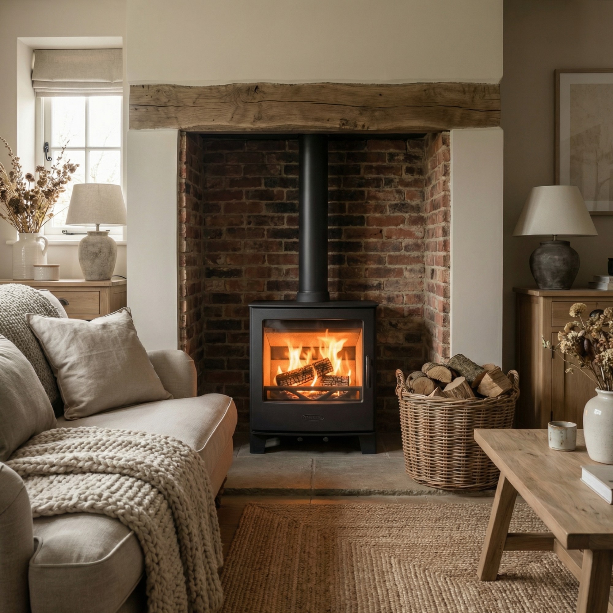 The Axon Bolesworth 5kW woodburning multifuel Ecodesignstove from Direct Stoves with burning wood inside in a cosy living room