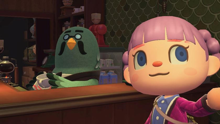 Animal Crossing: New Horizons screenshot showing the player character taking a selfie with Brewster in his cafe 