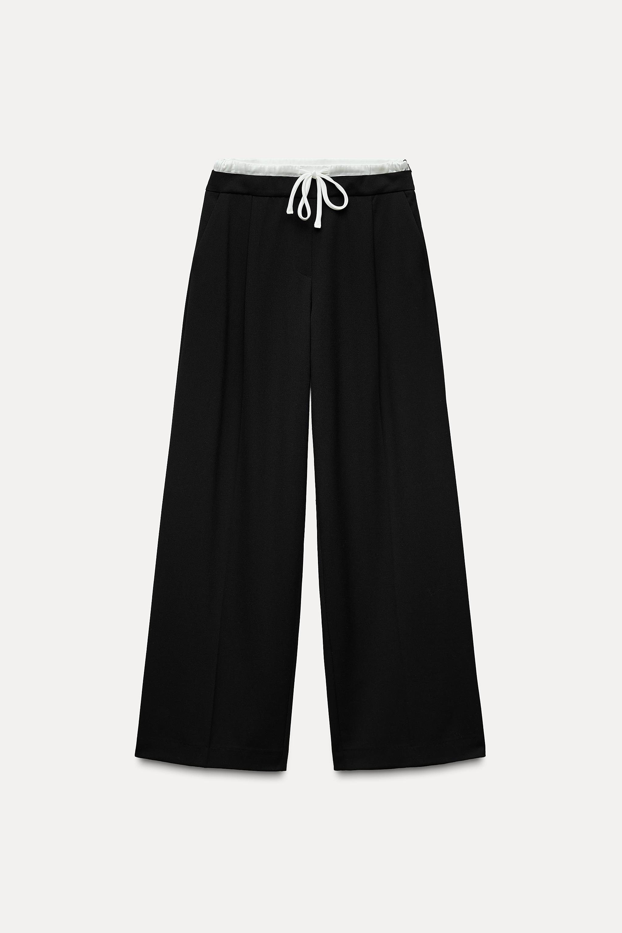 Double Waistband Wide-Leg Trousers - Black - Xs