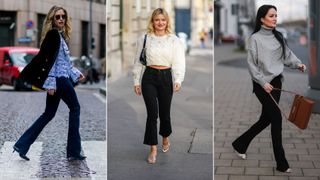 Three women wearing bootcut jeans illustrating types of jeans for women
