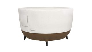 a white and brown circular outdoor furniture cover