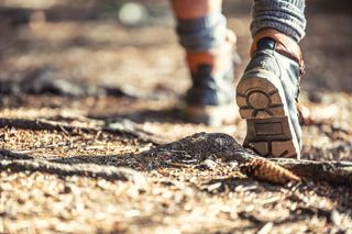 A person walks down a dirt trail wearing hiking boots