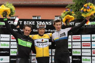 Final Trans Germany podium places from left: David George (second), Christoph Sauser (first) and Thomas Dietsche (third).