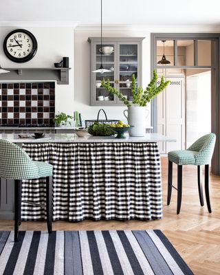 kitchen island with gingham fabric skirt