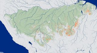 Areas in red shows where understory fires occurred in the Amazon rainforest from 1999-2010. 