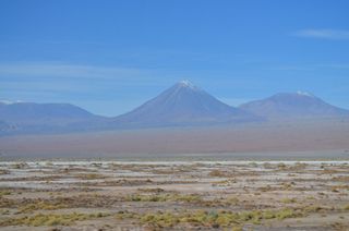Green scrub dots the ground in some places in Chile's Atacama desert, while pointed volcanoes tower over the scene.