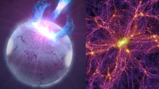A purple, sort of flaring-up star is seen on the left and on the right are bright tendrils representing dark matter distribution.