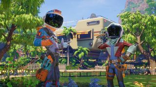 Screenshot from the video game Revenge of the Savage Planet. Two brightly dressed astronauts are chatting with each other whilst standing in front of a giant RV.